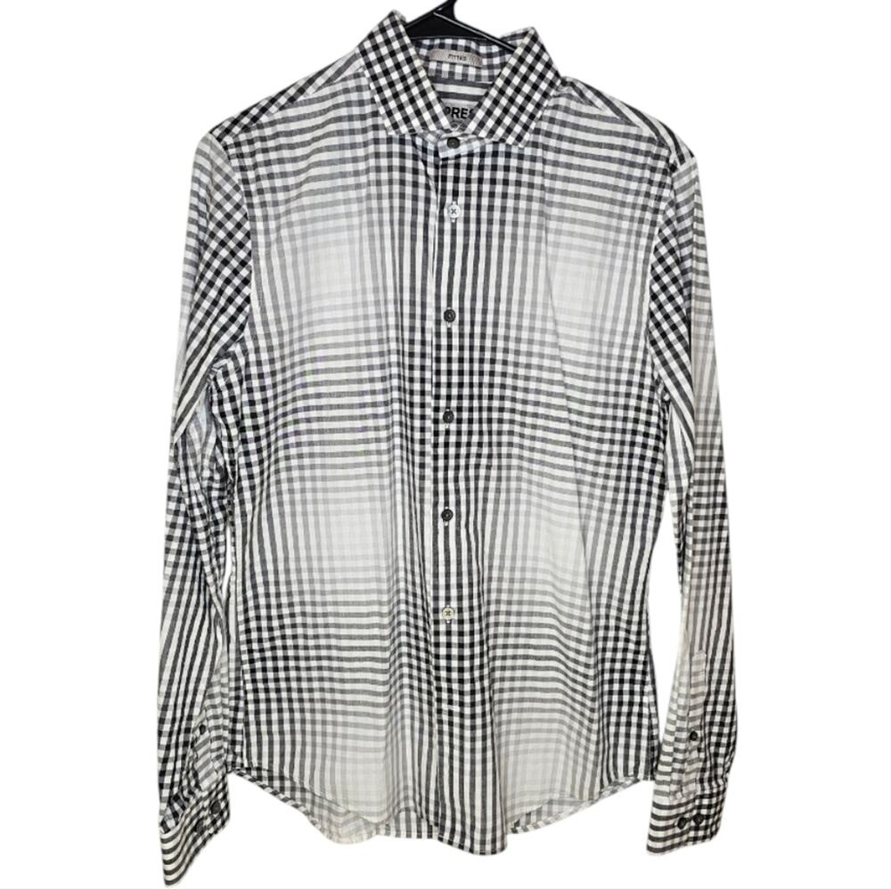 Express Fitted Collared Button Up Washed Out Black and White Checkered Shirt